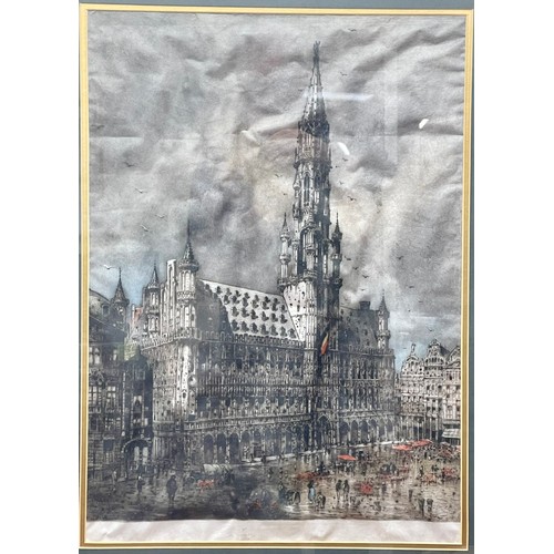 218 - CAMILLE FAURE (1874-1956)  -BRUSSELS TOWN HALL - HAND PAINTED ON SILK, SIGNED TO LOWER CENTRE -FRAME... 