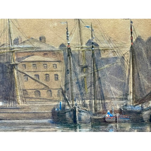 219 - CHARLES ARTHUR COX (1857-1936) - ALBERT DOCK, LIVERPOOL - WATERCOLOUR & GOUACHE, SIGNED & DATED 1879... 