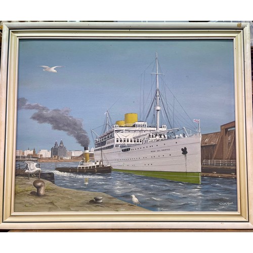 226 - STUART MARSH: ACRYLIC ON BOARD - REINA DEL PACIFICO WITH TUG LIVERPOOL DOCK BASIN WITH THE CITY OF L... 