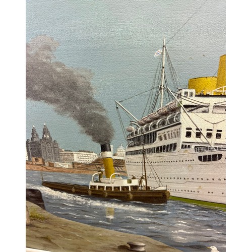 226 - STUART MARSH: ACRYLIC ON BOARD - REINA DEL PACIFICO WITH TUG LIVERPOOL DOCK BASIN WITH THE CITY OF L... 