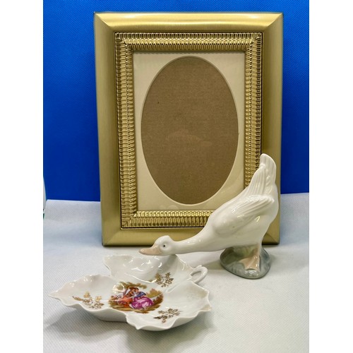 237 - Limoges 'la reine' trinket dish, Picture frame, Nao figure of a goose