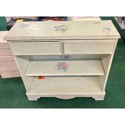 240 - A SHABBY CHIC BOOKCASE -PALE BLUE WITH FLORAL APPLIQUE 2 SMALL DRAWERS ABOVE AN OPEN BOOKCASE WITH A... 