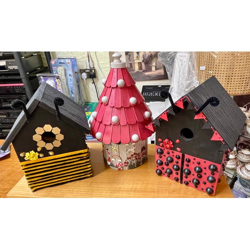 245 - 2X BIRD BOXES -1 BEE THEMED, 1 LADYBIRD THEMED TOGETHER WITH HANDMADE FAIRY THEMED NESTING BOX