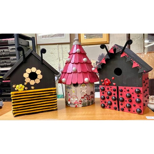 245 - 2X BIRD BOXES -1 BEE THEMED, 1 LADYBIRD THEMED TOGETHER WITH HANDMADE FAIRY THEMED NESTING BOX