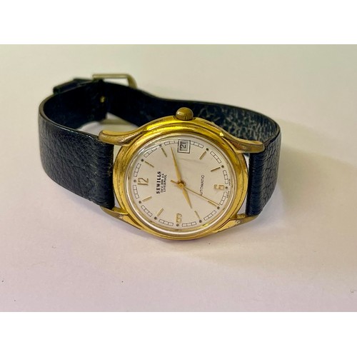 248 - A SEWILLS OF LIVERPOOL AUTOMTIC WRISTWATCH ON BLACK GARRARD STRAP =DATE APERTURE AT 3, MARKED 'SEWIL... 