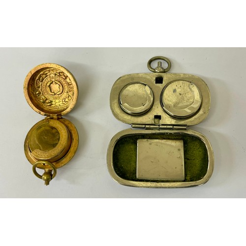 252 - TWO SOVEREIGN CASES -1 FANCY ROUND LIDDED SPRUNG CASE IN BRASS WITH EDWARD VII BUTTON INTERIOR THE O... 