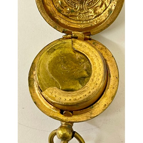 252 - TWO SOVEREIGN CASES -1 FANCY ROUND LIDDED SPRUNG CASE IN BRASS WITH EDWARD VII BUTTON INTERIOR THE O... 