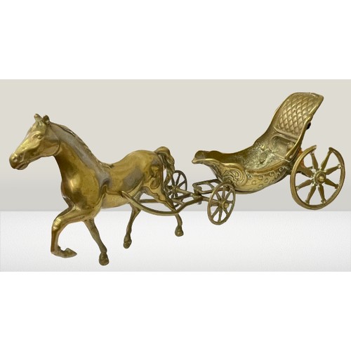 270 - A LARGE VINTAGE BRASS HORSE AND CARRIAGE FIGURINE -34CMS LONG -