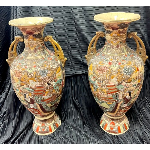 272 - PAIR OF TALL IRONSTONE SATSUMA VASES, DOUBLE HANDLED WITH GOLD & DECORATION -SHOWING A SCENE OF SAMU... 