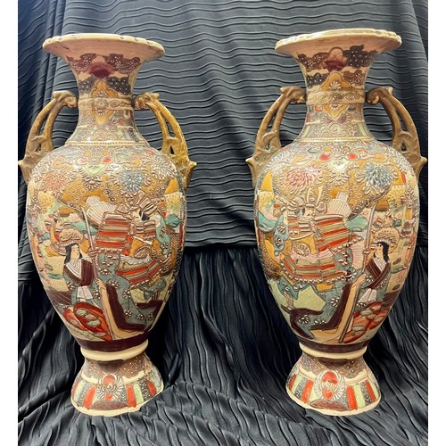 272 - PAIR OF TALL IRONSTONE SATSUMA VASES, DOUBLE HANDLED WITH GOLD & DECORATION -SHOWING A SCENE OF SAMU... 