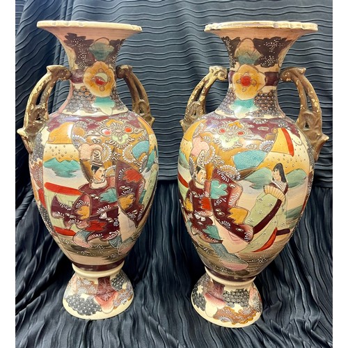 272 - PAIR OF TALL IRONSTONE SATSUMA VASES, DOUBLE HANDLED WITH GOLD & DECORATION -SHOWING A SCENE OF SAMU... 