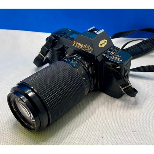 276 - A CANON T70 MULIT PROGRAM AE CAMERA BODY, WITH A TEFNON MACRO 75-205MM LENS , CASE & INSTRUCTION MAN... 