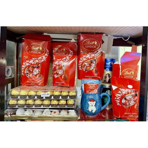 40 - CONFECTIONARY - INCL FERERO ROCHER CHOCOLATES, LINDT LINODRS & A LINDT BEAR CUP WITH 2 TINS OF HOT C... 