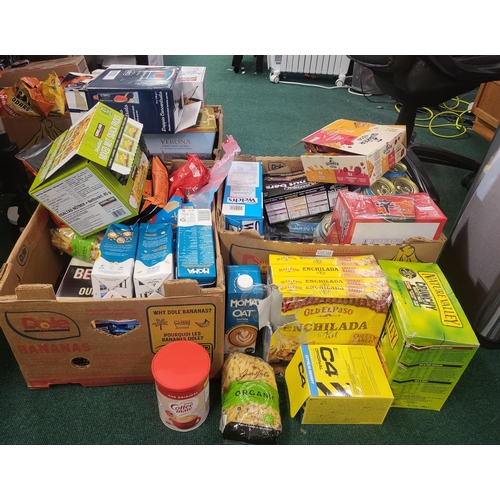 145 - 3X BOXES OF VR. FOOD STUFFS INCL. NATURE VALLEY BARS, NOODLES, TINS OF TUNE & TOMATOES, COFFEE MATE ... 