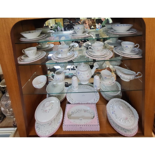 295 - JOHNSON BROTHERS WHITE & PINK EDGED FLORAL DINNER SERVICE - 42 PIECES 6CUPS, 6 SAUCERS, 6 SIDE PLATE... 