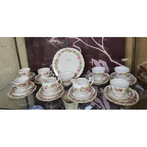 296 - A COLCLOUGH ENCHANTMENT PATTERN 7132 TEA SET -COMPRISING 6 CUPS, 5 SAUCERS, 6 SIDE PLATES, CREAM & S... 