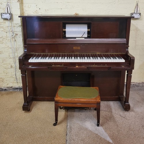 244 - AEOLIAN UPRIGHT MAHOGANY CASED PEDAL PIANOLA PLAYER PIANO WITH 24 MUSIC ROLLS - 145CMW X 123CMH X 70... 