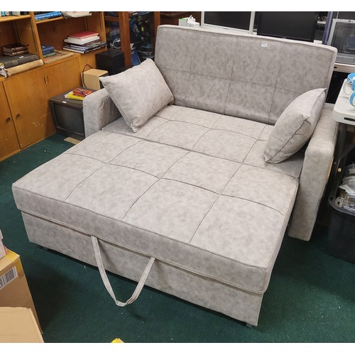 239 - A SILVER GREY TWO SEAT SOFA BED - A 2 SEAT SOFA WITH HIDDEN PULL & RISE EXTENSION PULLING OUT TO FOR... 