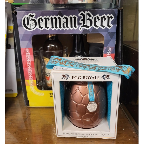 42 - BOXED -EGG ROYALE RICH CHOCOLATE CREAM LIQUEUR - 70CL/ GERMAN BEER GIFT SET STEIN UNT 3 BIERS