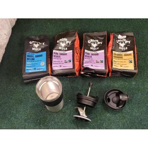 45 - 4 BAGS OF GRUMPY MULE GROUND COFFEE TASTING SET WITH FRENCH PRESS TRAVEL FLASK