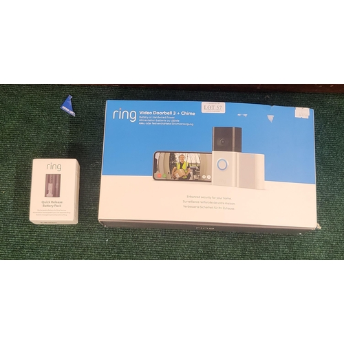 57 - BOXED RING VIDEO DOORBELL 3 WITH CHIME & BATTERY -NOT LINKED TO AN ACCOUNT