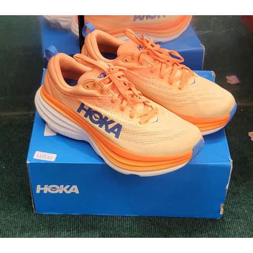 62 - PAIR OF HOKA M-BONDI 8 RUNNING SHOES IN IMPALA ORANGE  SIZE:UK 10 - BOXED -VERY LIGHT SHOP SOILING