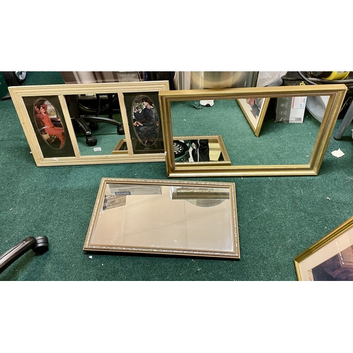 229 - A RECTANGULAR GILT FRAMED MIRROR - ONE OTHER AND A TRIO PAINTED MIRROR WITH PRE-RAPHAELITE PRINTS IN... 