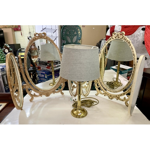 235 - 2 X LOUIS STYLE TRIPLE DRESSING TABLE MIRRORS - ONE PAINTED BRONZE, TOGETHER WITH A BRASS TABLE LAMP... 