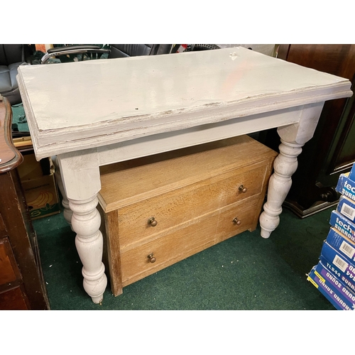 236 - A VICTORIAN WHITE PAINTED KITCHEN TABLE WITH LATER TOP, TOGETHER WITH A CUT DOWN STRIPPED OAK TWO DO... 