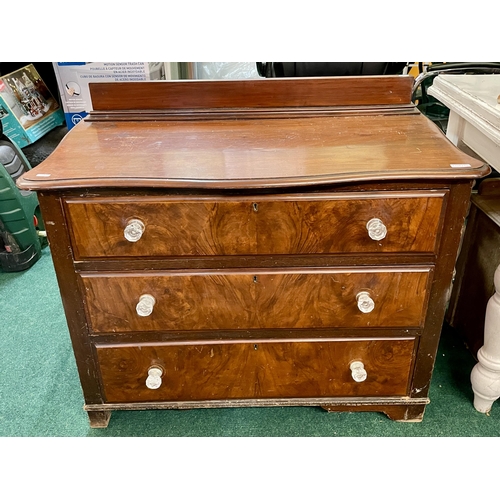 237 - AN ANTIQUE WALNUT CHEST OF THREE DRAWERS WITH LATER CRYSTAL STYLE HANDLES