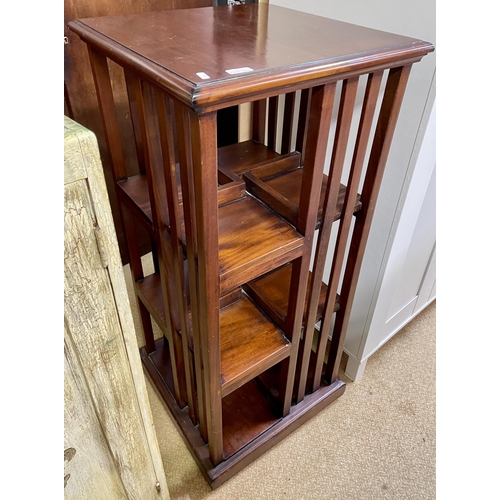 281 - A MAHOGANY THREE TIER REVOLVING LIBRARY BOOKCASE - 110CM HIGH X 50CM DEEP