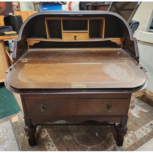 294 - ART DECO STYLE DROP FRONT BUREAU FITTED REXENE INLAY ABOVE THREE DRAWERS - SCRATCH TO FRONT VENEER