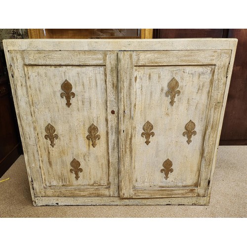 280 - A SHABBY CHIC DECORATED  CUPBOARD - IVORY CRACKLE GLAZED DESIGN AND FLEUR DE LYS MOTIF TO DOORS - 12... 