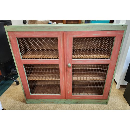 279 - A SHABBY CHIC GREEN/PINK DECORATED WITH PANELS CUPBOARD - 121CM WIDE X 107CM HIGH X 36CM DEEP