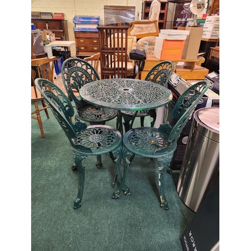 222 - GREEN PAINTED ALUMINIUM GARDEN BISTRO SET - TABLE AND FOUR CHAIRS