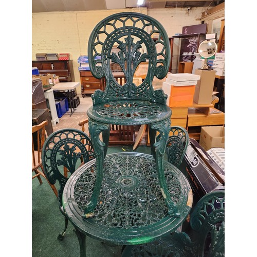 222 - GREEN PAINTED ALUMINIUM GARDEN BISTRO SET - TABLE AND FOUR CHAIRS