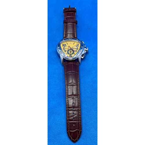 399 - GENTS JARAGAR WRIST WATCH - GOLD FACE WITH BROWN STRAP - JARAGAR TRIANGLE WATCH SERIAL 516