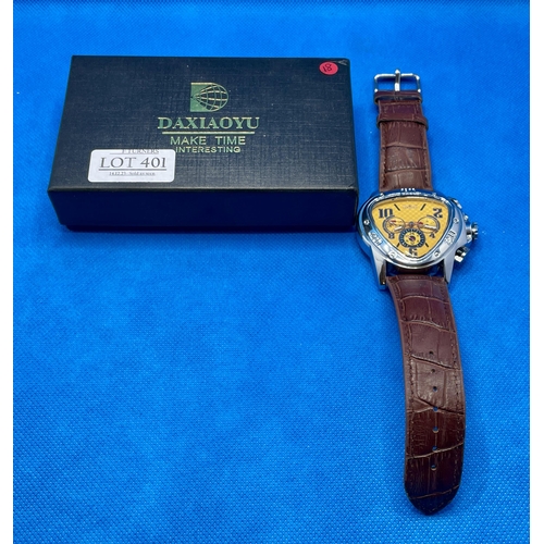 401 - GENTS JARAGAR WRIST WATCH - GOLD FACE WITH BROWN STRAP - JARAGOR TRIANGLE WATCH SERIAL 516