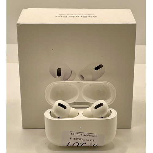 10 - BOXED PAIR OF APPLE AIR POD PRO'S WITH CHARGING WIRE AND EXTRA BUDS SHOWING SIGNS OF USAGE