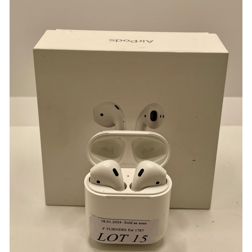 15 - BOXED APPLE AIRPODS IN CHARGING CASE WITH CHARGING WIRE SIGNS OF USAGE