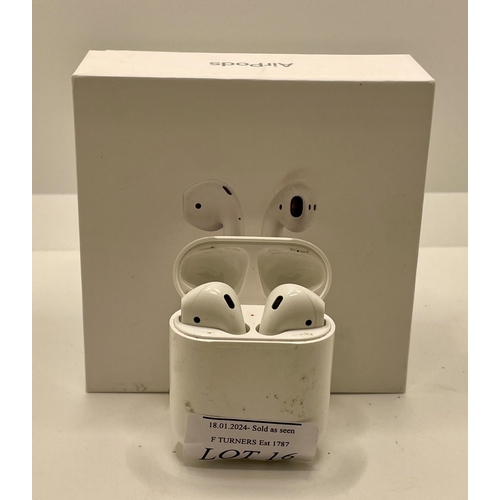 16 - BOXED APPLE AIRPODS IN CHARGING CASE WITH CHARGING WIRE SIGNS OF USAGE