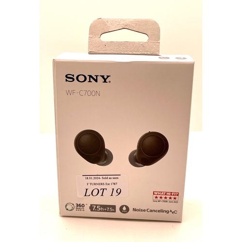 19 - BOXED PAIR OF SONY WF-C700N WIRELESS EARBUDS IN CHARGING CASE WITH CHARGING WIRE