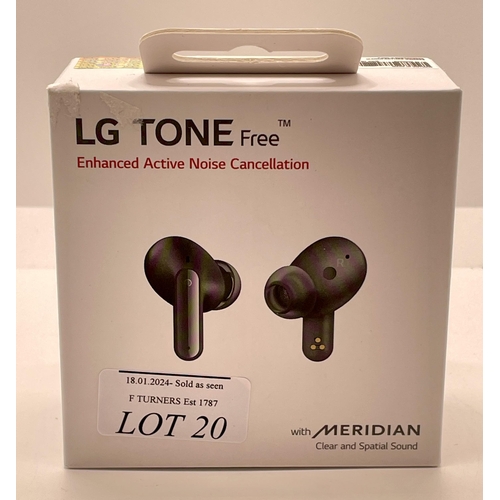 20 - BOXED PAIR OF LG TONE FREE WIRELESS EARBUDS IN CHARGING CASE WITH CHARGING WIRE