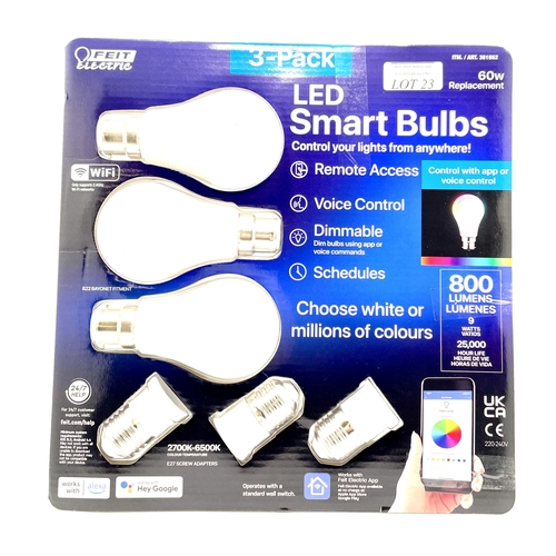 23 - SET OF 3 FEIT ELECTRIC LED SMART BULBS WORKS WITH HEY GOOGLE AND ALEXA