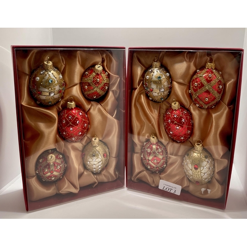 3 - BOXED SET OF 10 (2 X 5 PACKS) HAND DECORATED GLASS ORNAMENTS