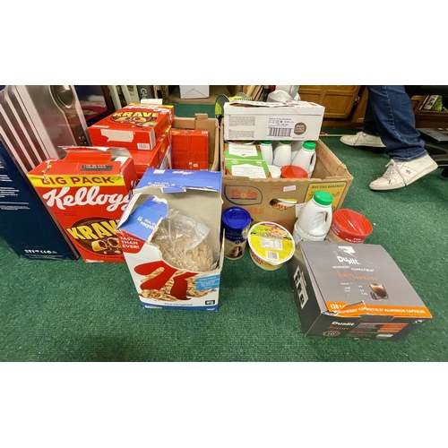 158 - 2 BOXES OF VARIOUS FOODSTUFFS INCL VARIOUS COFFEE PODS, KIM CHI, TEA BAGS, VARIOUS CEREALS, LONG LIF... 