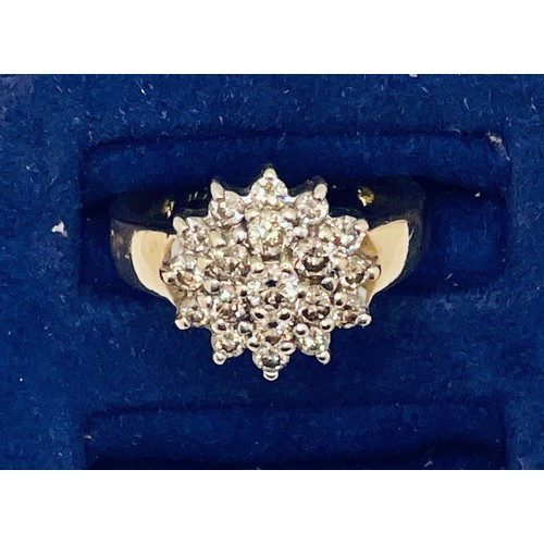 360 - 9CT YELLOW GOLD FLORET CLUSTER DIAMOND RING-ENCOMPASSING 19 DIAMONDS OF APPX 0.2CTS 3.27G SIZE L