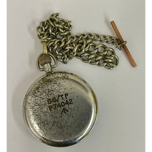 372 - MILITARY ISSUE 'HELVETIA' SWISS POCKET WATCH & CHAIN IN WHITE METAL MARKED TO REAR CASE 'GS/TP P7404... 