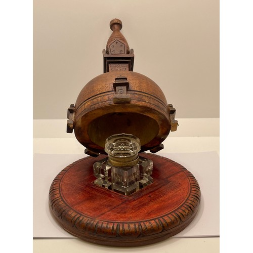 375 - UNUSUAL ROUND LIDDED INKWELL IN THE FORM OF A PAGODA - GILDED INTERIOR TO LID WITH AS DIAMOND SHAPED... 