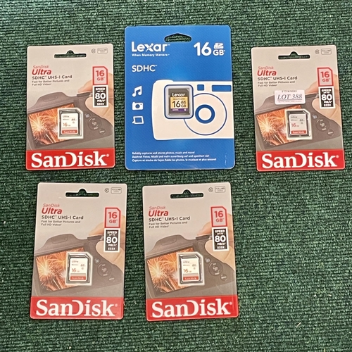 388 - 5 X VARIOUS 16GB SD CARDS INC. SANDISK AND LEXAR